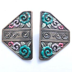 vintage 80s statement earrings Art Deco style gunmetal floral teal lavender pink